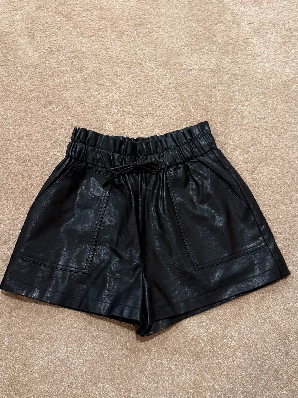 Black Faux Leather High Waist Paperbag Shorts